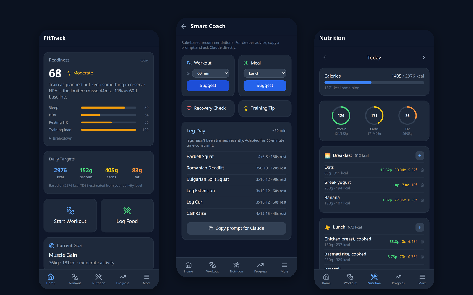 FitTrack on three phone screens: readiness score, a rule-based workout suggestion and the day's nutrition, with made-up data.
