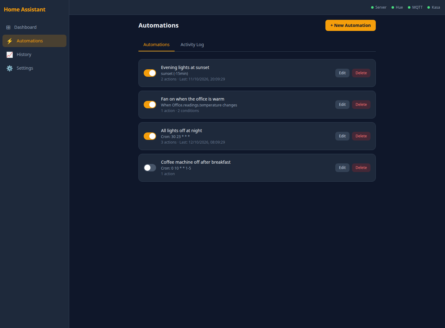 Automations list: evening lights at sunset, a fan rule based on temperature, lights off at night, and a disabled schedule.
