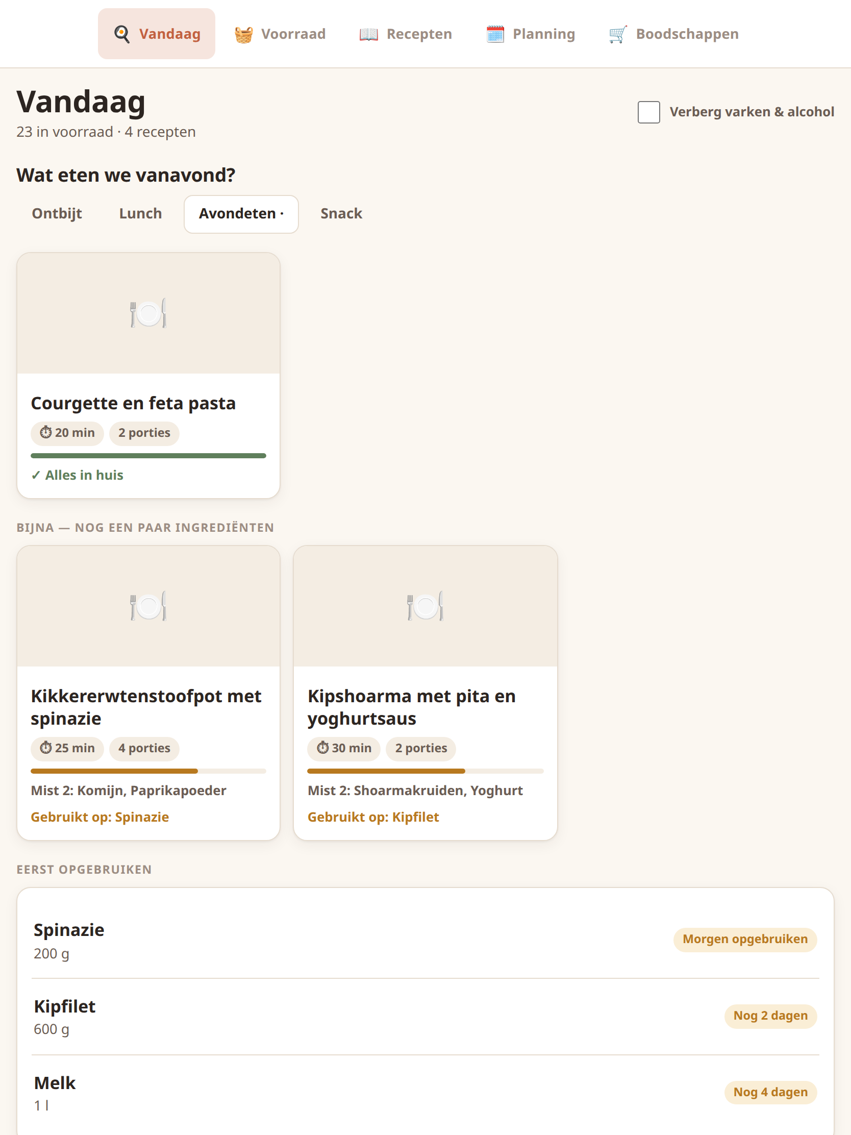 Today screen suggesting dinners ranked by how much of each recipe is already in the pantry, and items to use up first.