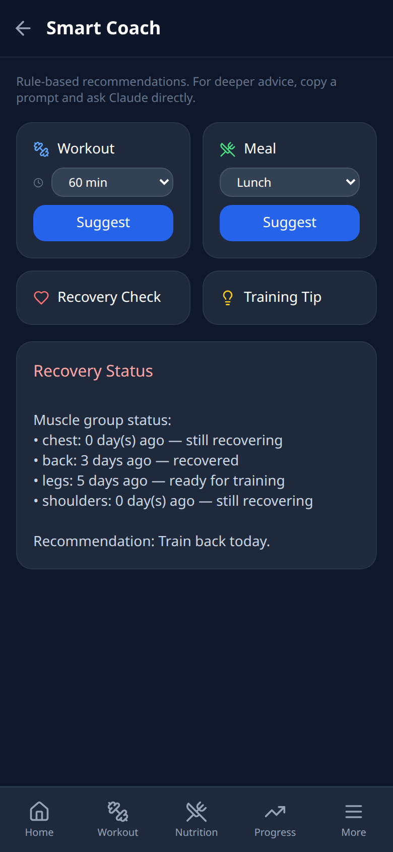 Recovery check listing days since each muscle group was trained and recommending a back day.