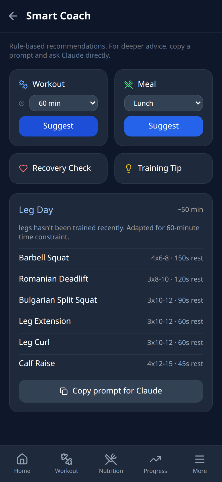 Smart Coach suggesting a leg day with six exercises, sets, reps and rest times, and the reason it was chosen.