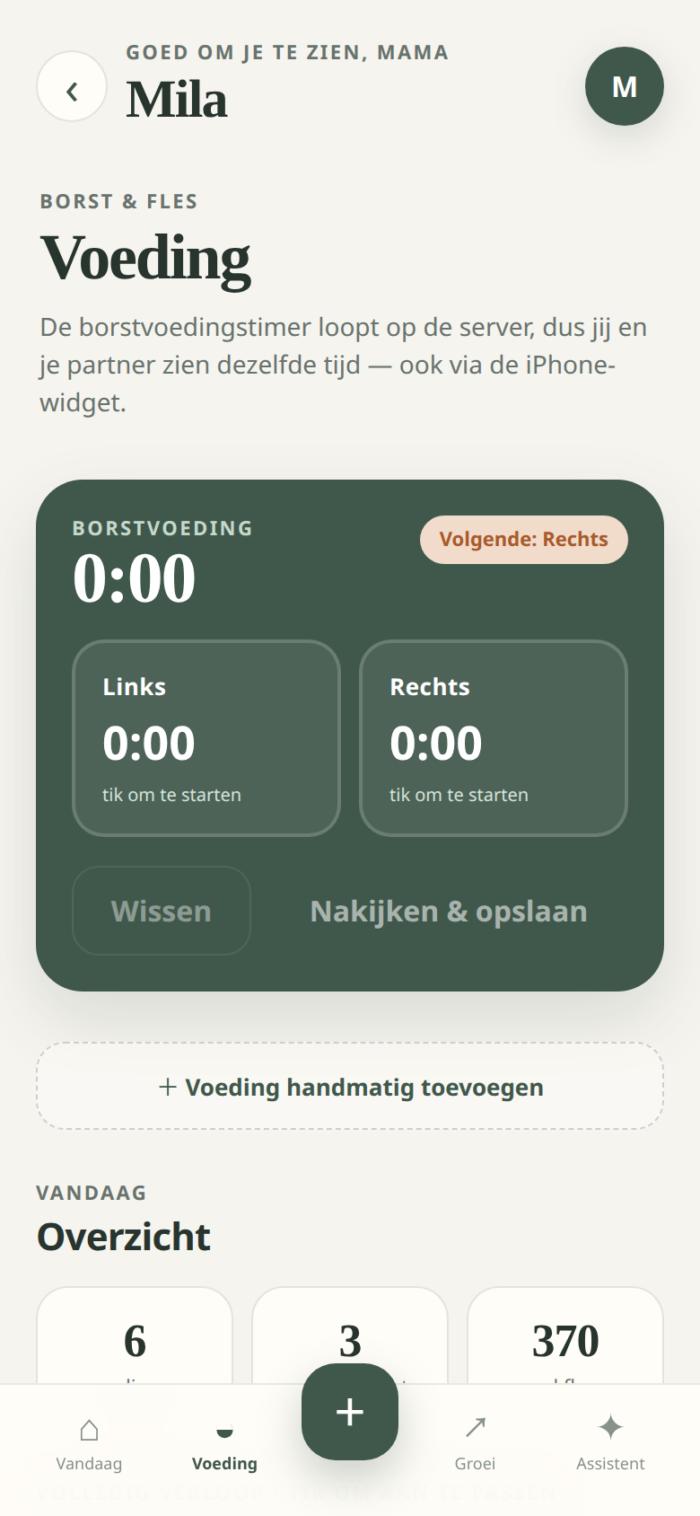 Breastfeeding timer with left and right counters and a hint for which side is next.