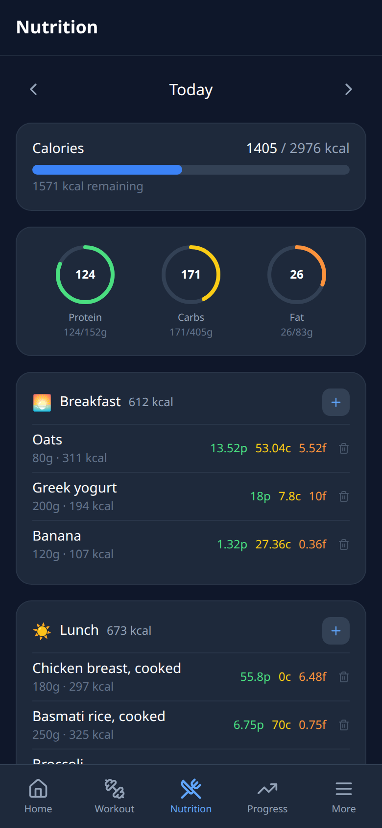 Nutrition day view with calories against target, protein, carb and fat rings, and logged meals.