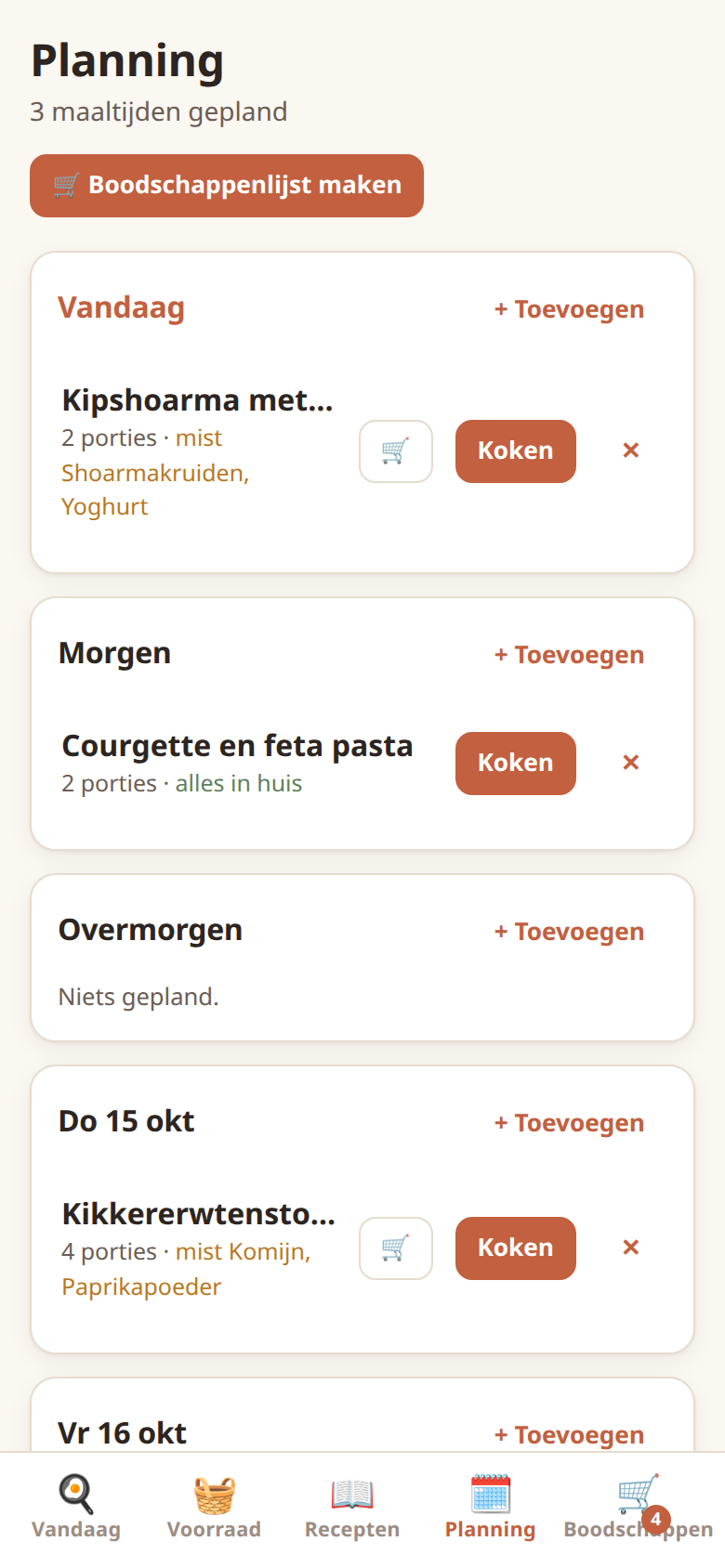 Meal plan for the coming days with cook buttons and missing ingredients.