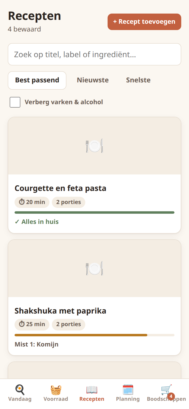 Recipe library sorted by best match with what is in the pantry.
