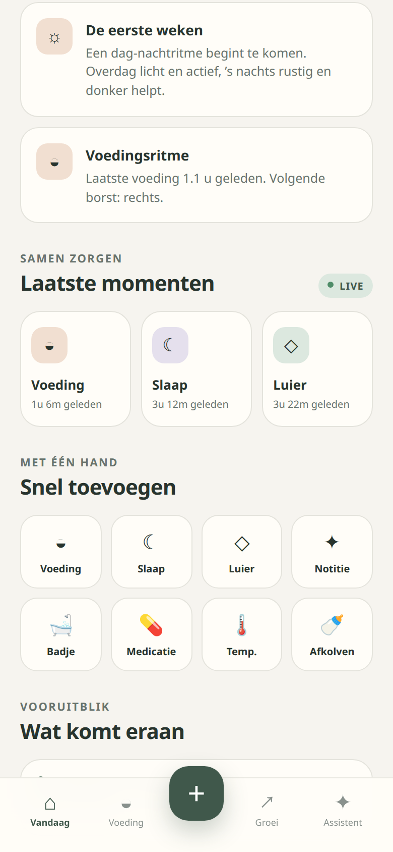 Latest moments logged by either parent and quick-add buttons for feeds, sleep, nappies and more.