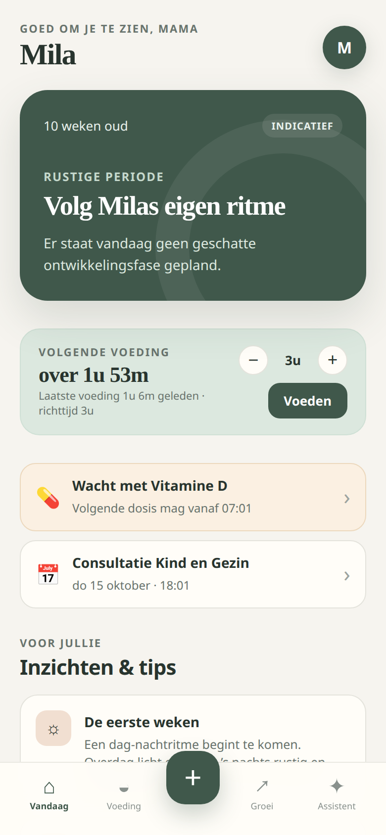 Today screen for a made-up baby: age, current phase, countdown to the next feed, a medication reminder and an upcoming appointment.