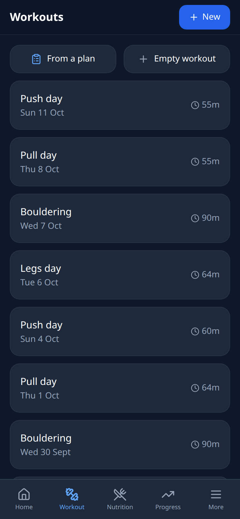 List of past workouts: push, pull, legs and bouldering sessions with durations.